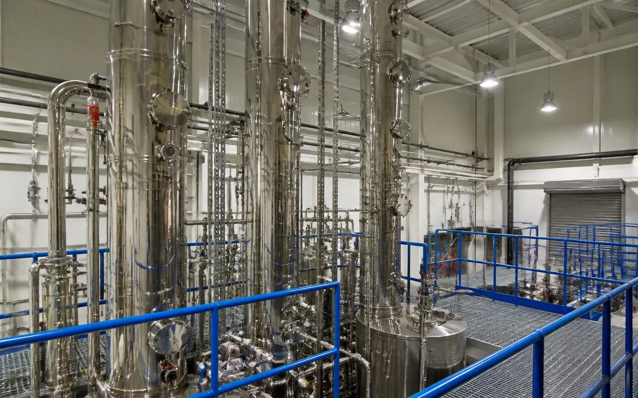 Stainless steel solvent recovery distillation columns inside an industrial plant
