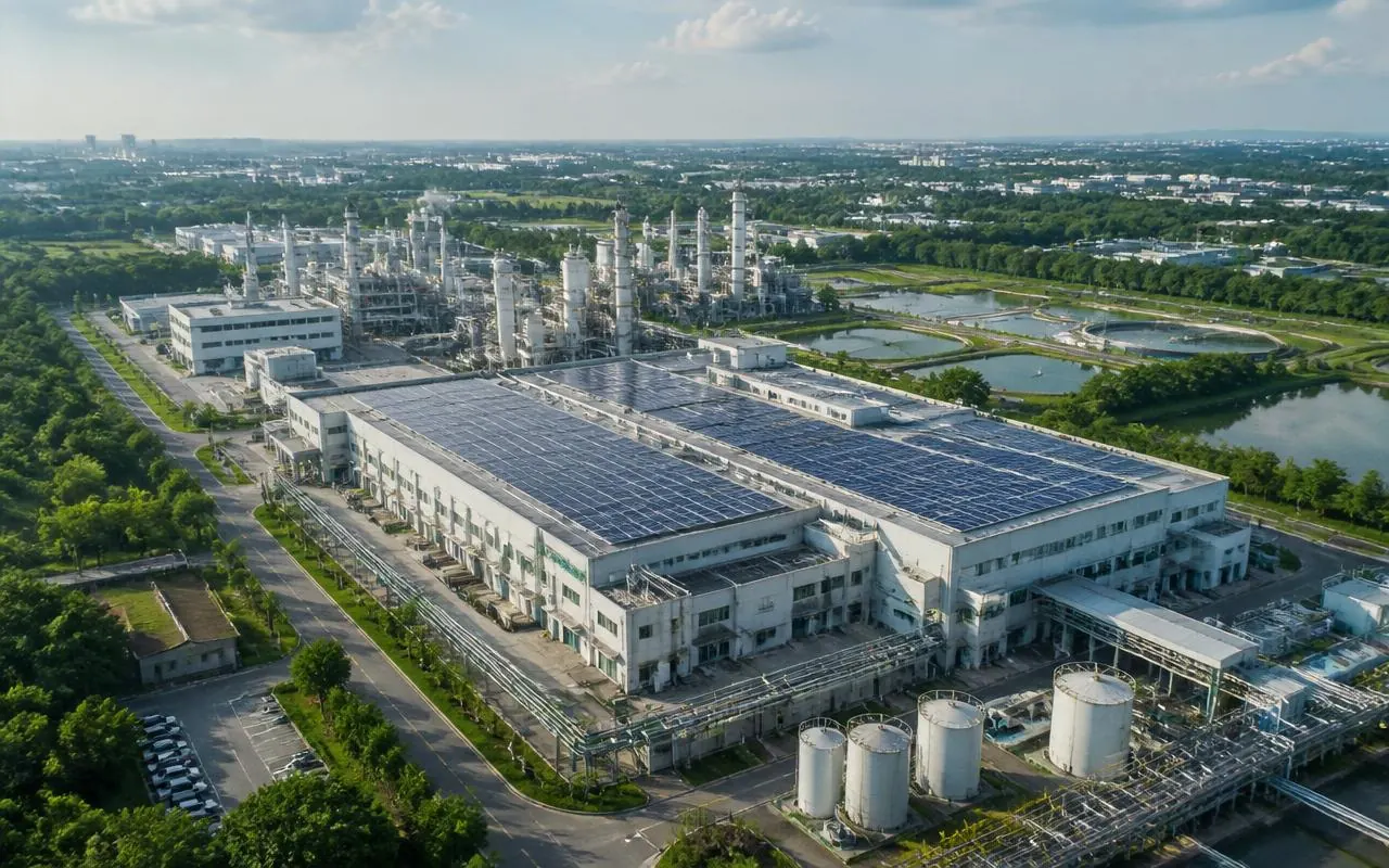Aerial view of a chemical facility with rooftop solar panels and water recycling ponds
