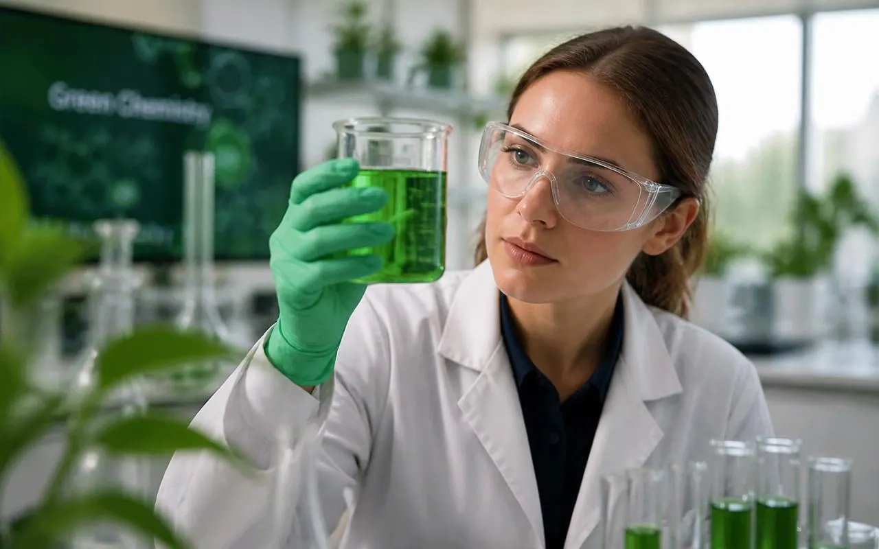 Chemist evaluating a green chemistry formulation in a modern laboratory